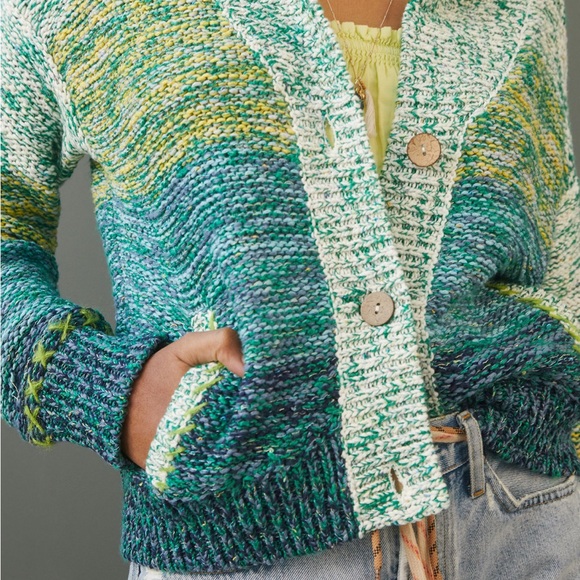 Anthropologie Pilcro Sunset Embroidered Cardigan Green Yellow Rare Sun Sz XS - Picture 4 of 15